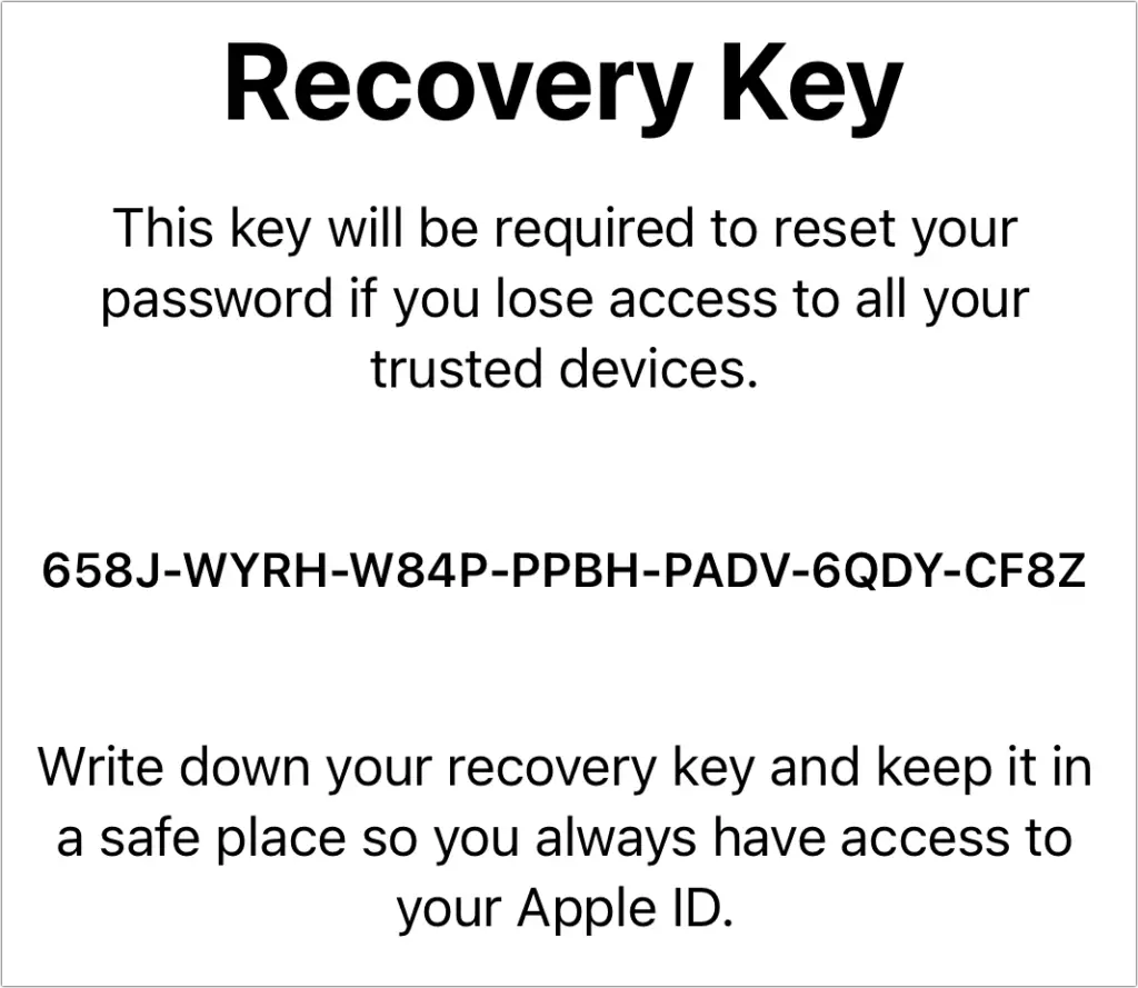 Screenshot of the recovery key in Mac Os